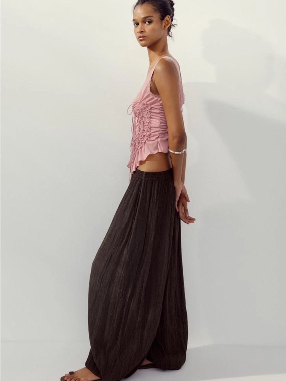 Zara Pink Lace-Trim Smocked Tie-Front Tank Top Bohemian Coachella Festival - Picture 2 of 6